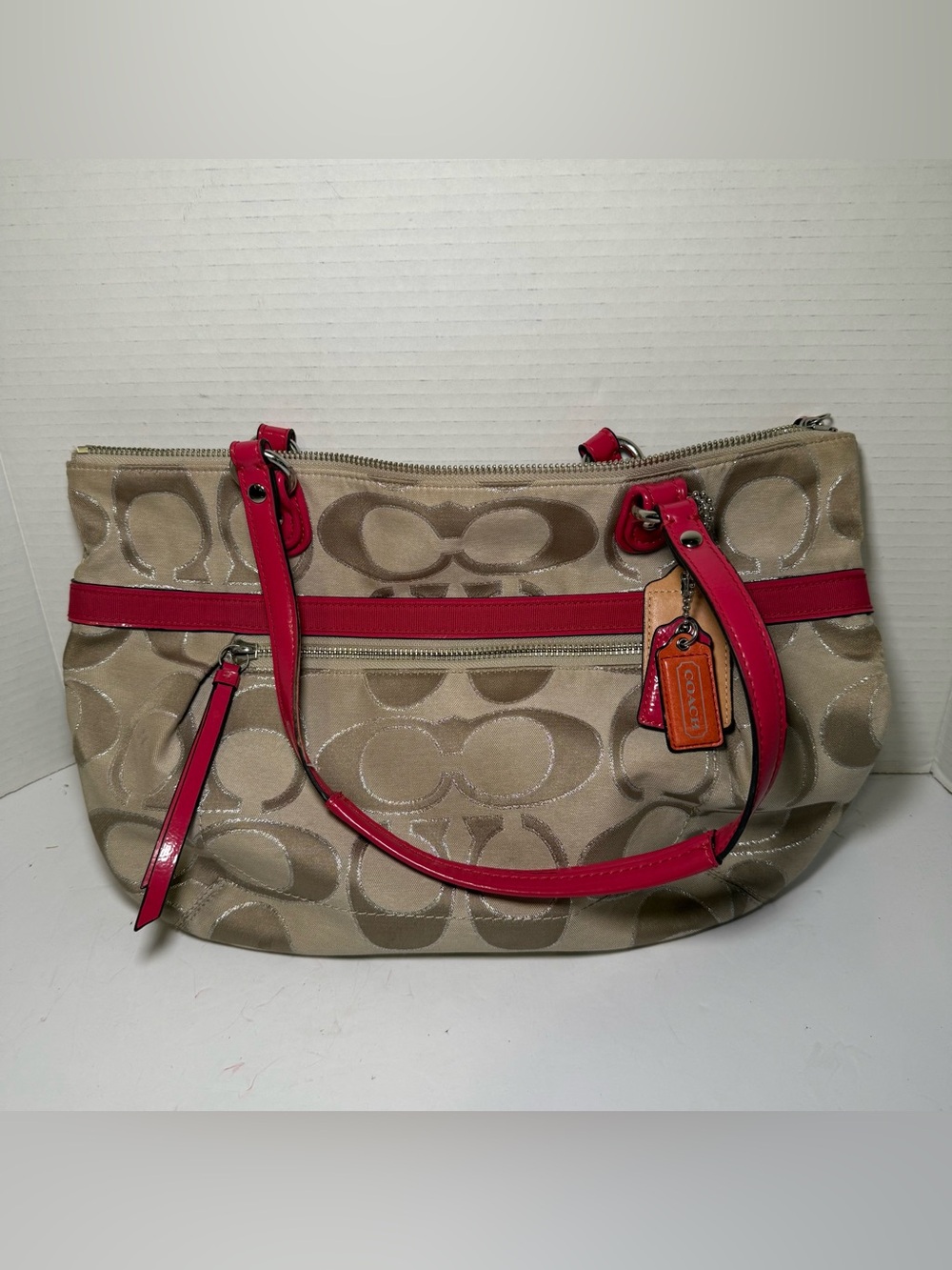 Coach Poppy Metallic Signature Tan And Hot Pink Medium Tote Purse 19863